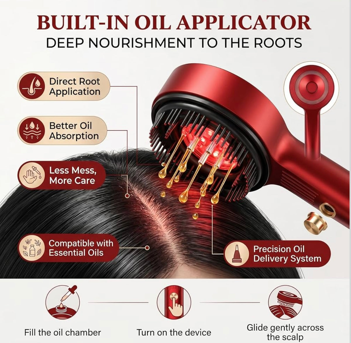 Magnetic Oil Dispensing Massage Comb with Red Light Therapy