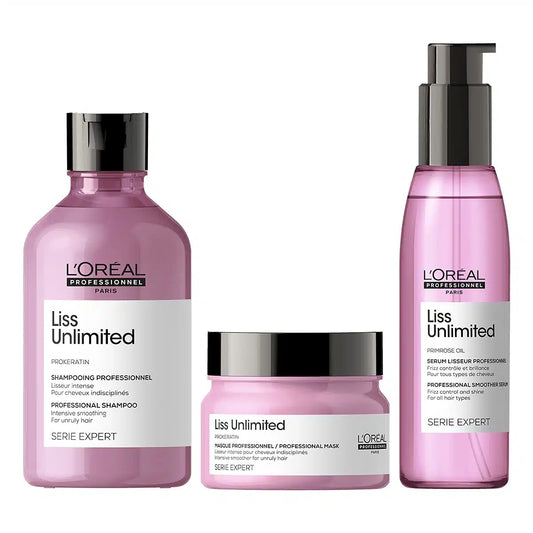 L’Oreal Professionnel Liss Unlimited Shampoo, Mask, Oil Combo (300ml, 125ml, 250ml) | Ultimate Frizz Control for Smooth, Shiny Hair